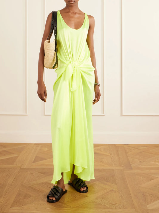 Image of Dresses. Product name - Tie-detailed Crinkled-silk Midi Dress in Bright yellow colour by brand - JW Anderson