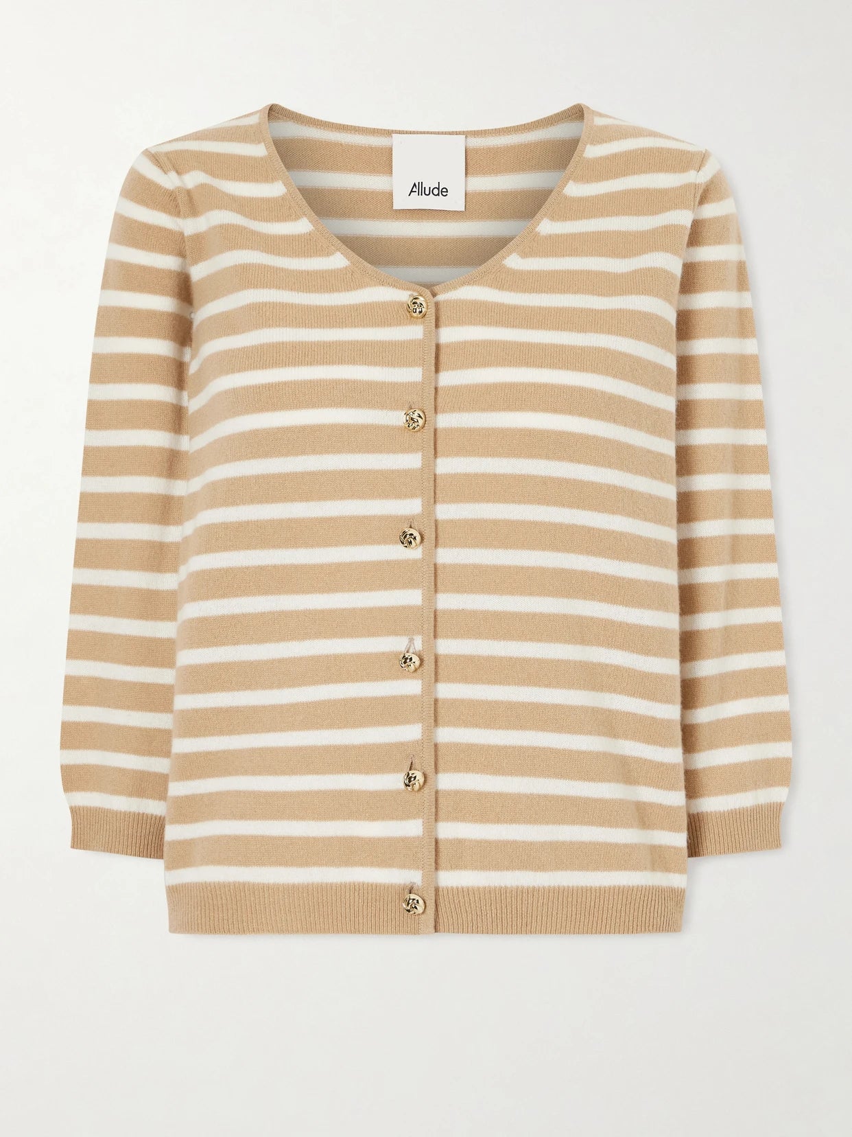 Image of a model wearing Outerwear. Product name - Striped Cashmere Cardigan in Beige colour by brand - Allude