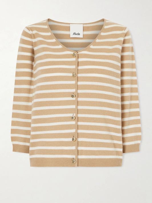 Image of a model wearing Outerwear. Product name - Striped Cashmere Cardigan in Beige colour by brand - Allude