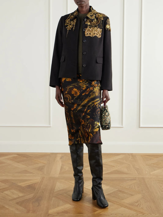 Image of Coats & Jackets. Product name - Embellished Embroidered Cotton-twill Jacket in Black colour by brand - Dries Van Noten