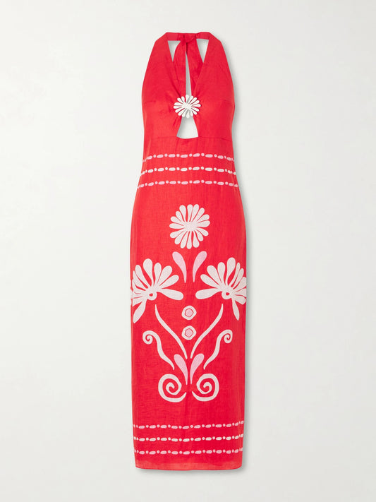 Orly Embellished Cutout Printed Linen Maxi Dress