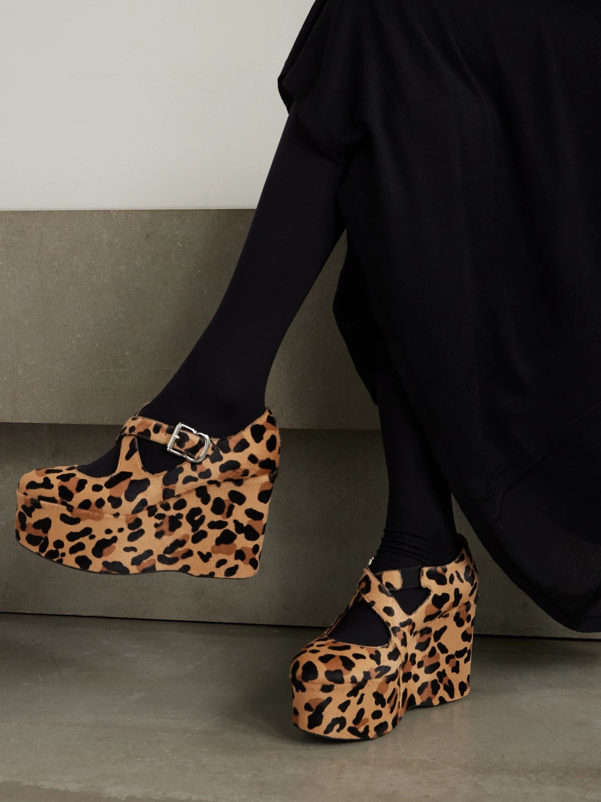 110 Leopard-print Calf Hair Platform Wedge Pumps