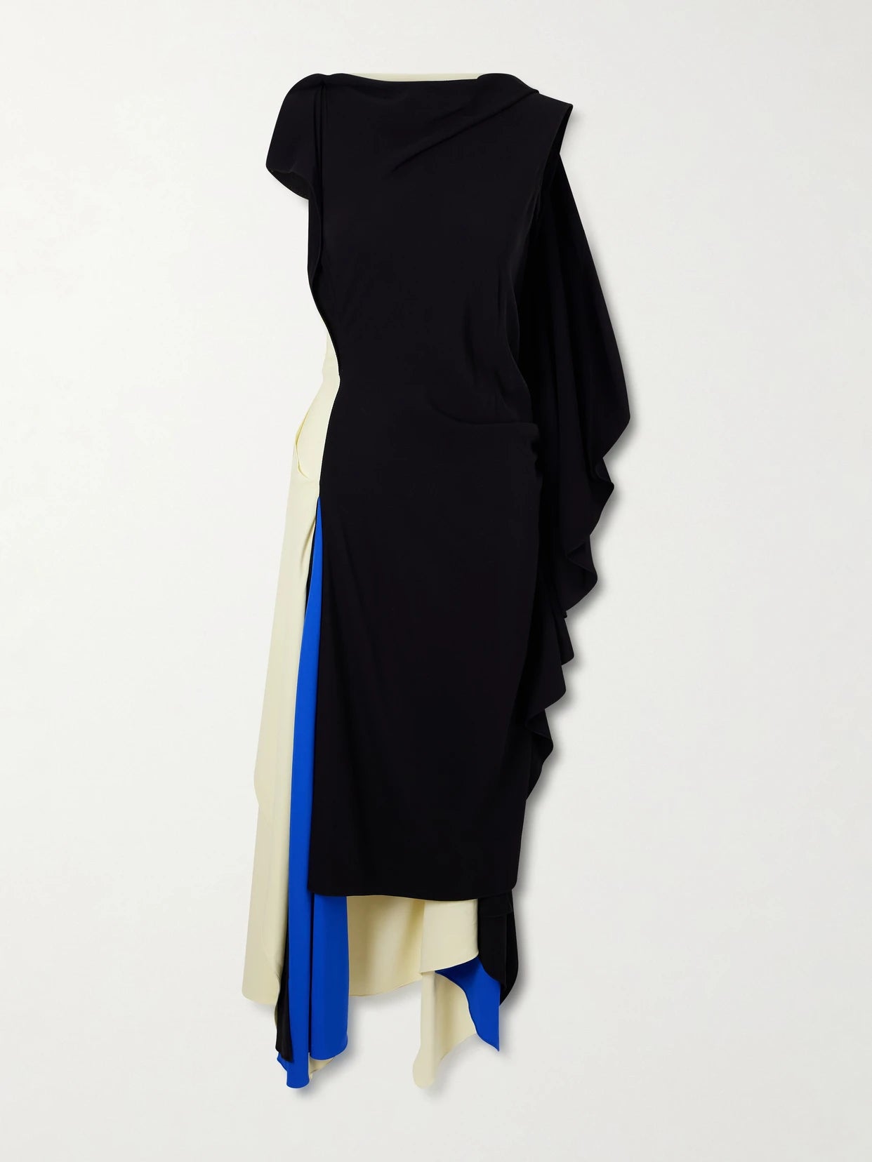 Image of Dresses. Product name - Asymmetric Draped Crepe-jersey Midi Dress in Black colour by brand - LOEWE