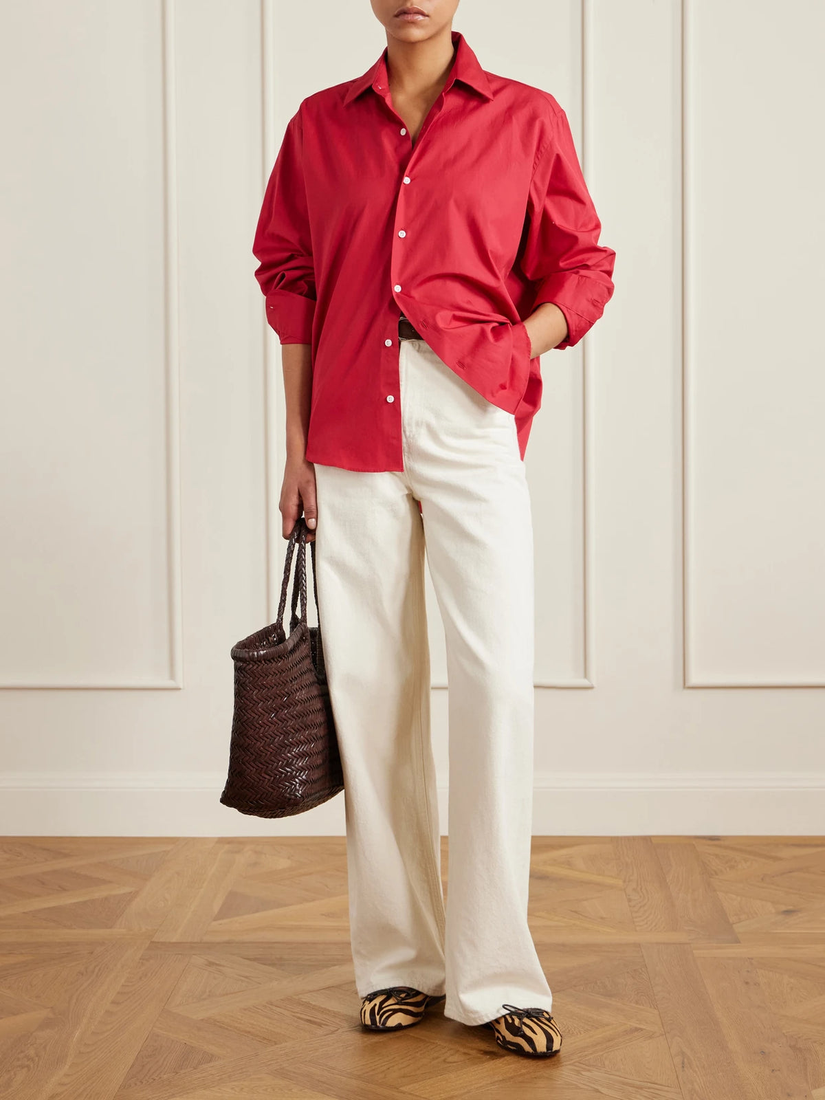 Image of a model wearing Tops. Product name - Cotton-poplin Shirt in Red colour by brand - Comme Si