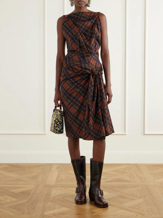 Image of Dresses. Product name - Twisted Draped Checked Cotton Midi Dress in Multi colour by brand - Dries Van Noten