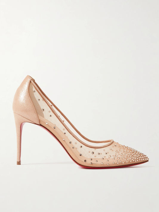 Follies 85 Crystal-embellished Mesh And Glittered-leather Pumps