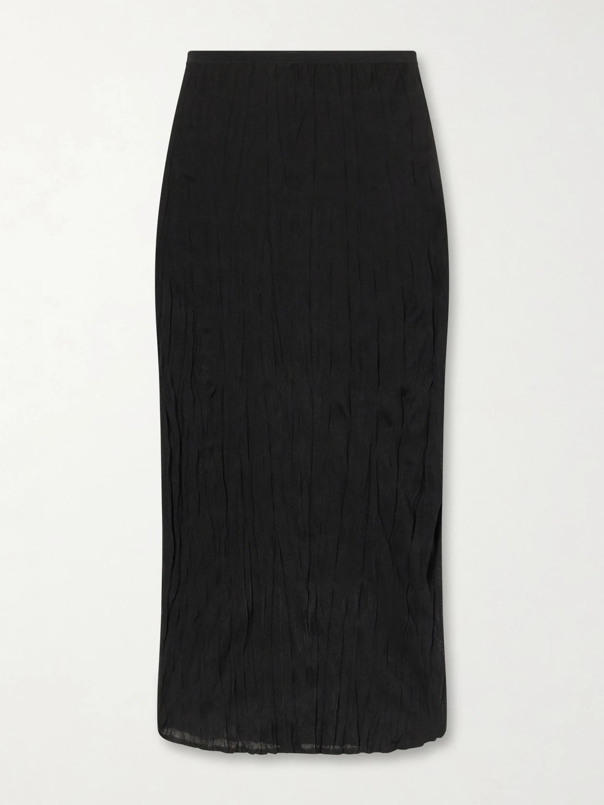 Image of a model wearing Skirts. Product name - Crinkled Knit Viscose Midi Skirt in Black colour by brand - TOTEME