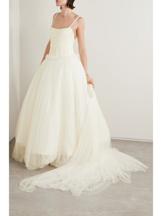 Image of Dresses. Product name - Guinevere Shirred Grosgrain-trimmed Tulle Gown in Ivory colour by brand - Danielle Frankel