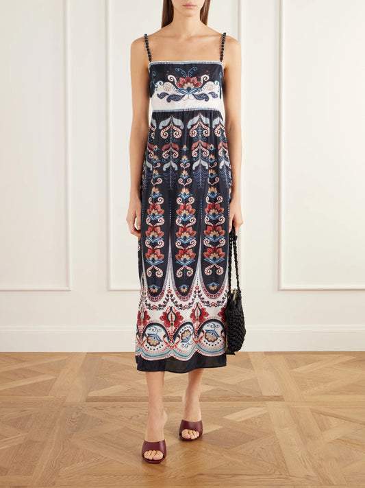 Image of Dresses. Product name - Nikita Winter Bead-embellished Printed Charmeuse Midi Dress in Navy colour by brand - Farm Rio