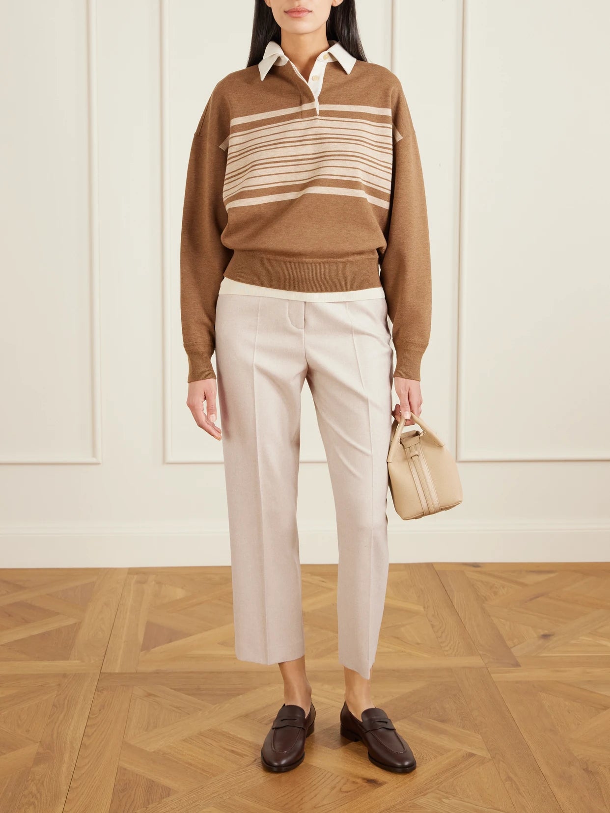 Image of a model wearing Pants. Product name - Dermot Cropped Wool And Cashmere-blend Flannel Straight-leg Pants in Beige colour by brand - Loro Piana