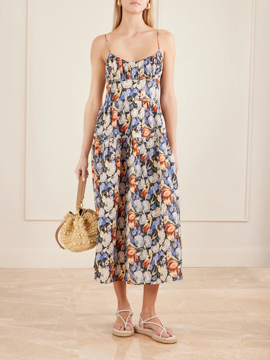 Image of Dresses. Product name - Benoit Tiered Gathered Floral-print Ramie Midi Dress in Multi colour by brand - DÔEN