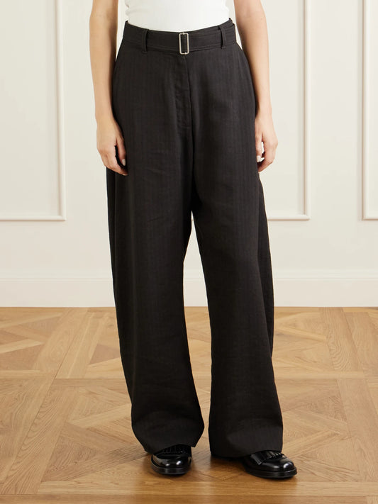 Studio Nicholson Chatto Belted Herringbone Cotton And Linen-blend Wide-leg Pants