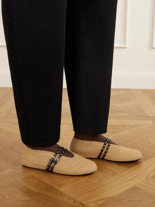 Leather-trimmed Raffia Ballet Flats