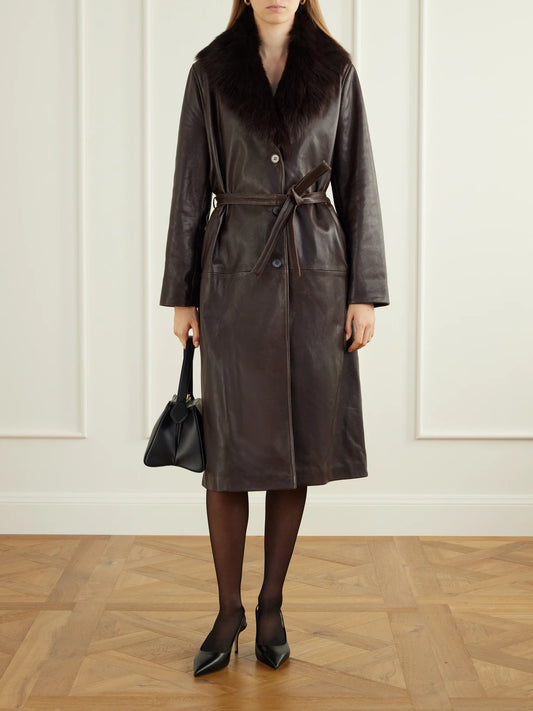 Image of Coats & Jackets. Product name - Niven Belted Shearling-trimmed Leather Trench in Dark brown colour by brand - Nour Hammour