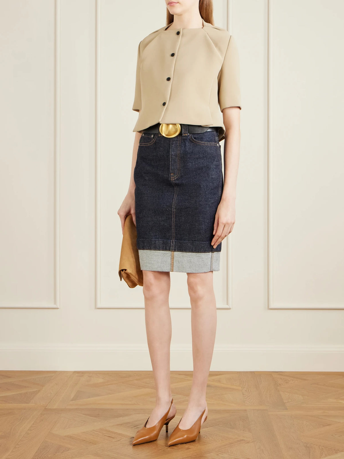 Image of Jeans. Product name - Kendra Denim Skirt in Dark denim colour by brand - KHAITE