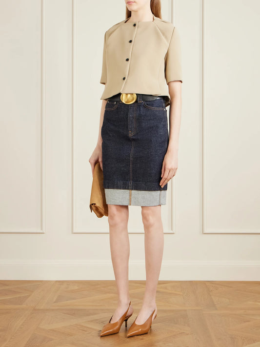 Image of Jeans. Product name - Kendra Denim Skirt in Dark denim colour by brand - KHAITE