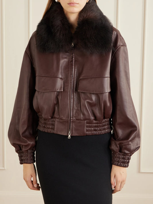 Nour Hammour Ellery Cropped Shearling-trimmed Leather Bomber Jacket