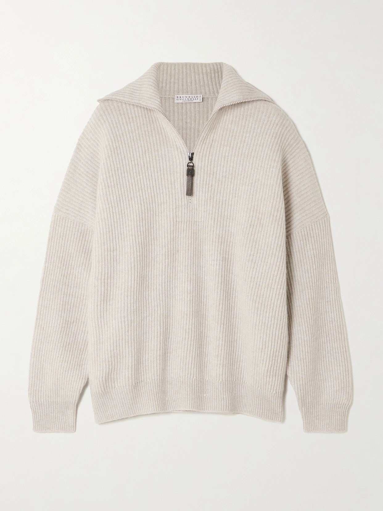 Bead-embellished Ribbed Cashmere Half-zip Sweater