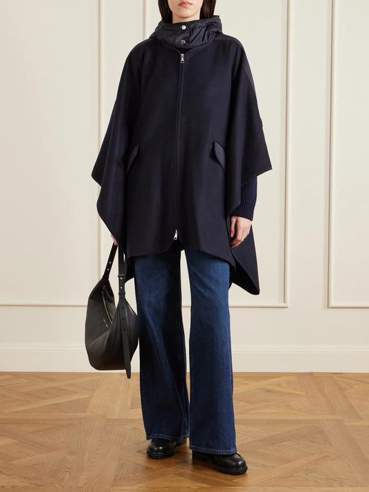 Image of Coats & Jackets. Product name - Hooded Appliquéd Shell-trimmed Wool-blend Cape in Navy colour by brand - Moncler