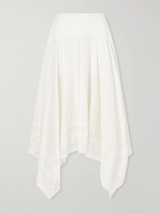 Image of a model wearing Skirts. Product name - Ainsley Asymmetric Lace-trimmed Cotton-voile Maxi Skirt in Ivory colour by brand - STAUD