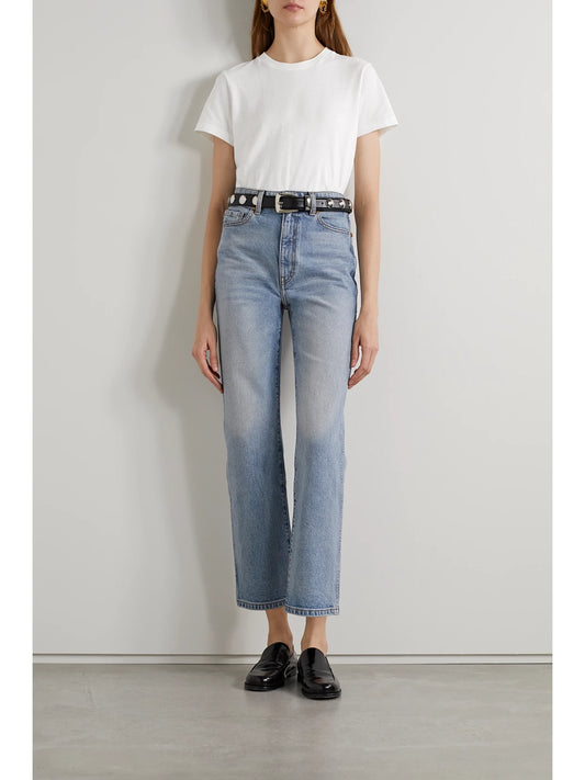 Image of a model wearing Tops. Product name - Emmylou Cotton-jersey T-shirt in White colour by brand - KHAITE