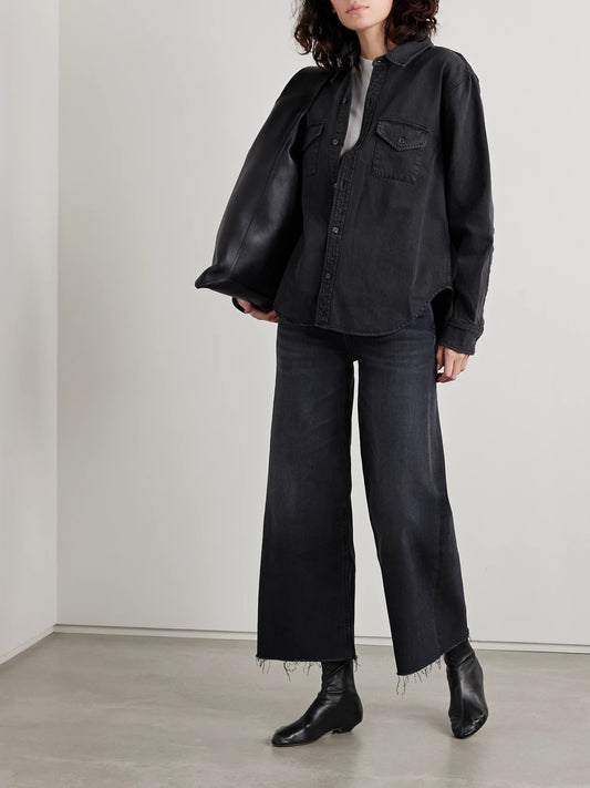 Image of Jeans. Product name - Lyra Frayed Cropped High-rise Wide-leg Jeans in Black colour by brand - Citizens of Humanity