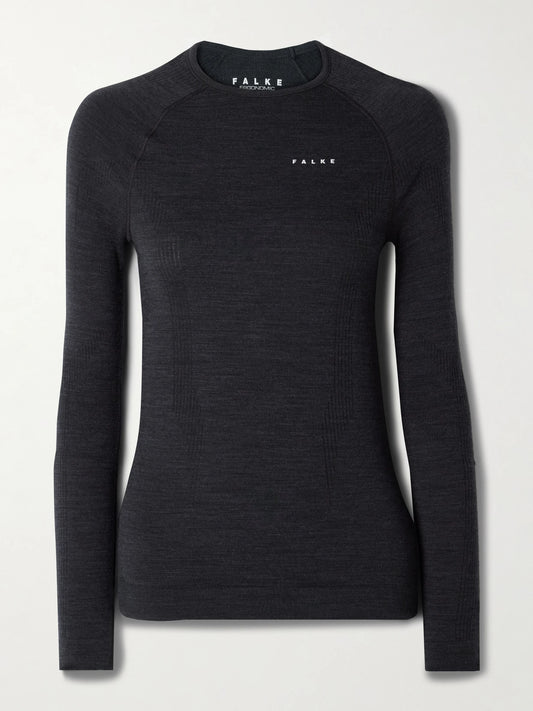Image of a model wearing Tops. Product name - Wool-blend Top in Black colour by brand - FALKE Ergonomic Sport System