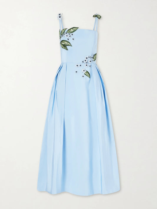 Image of Dresses. Product name - Floral-embellished Silk Midi Dress in Light blue colour by brand - Oscar de la Renta