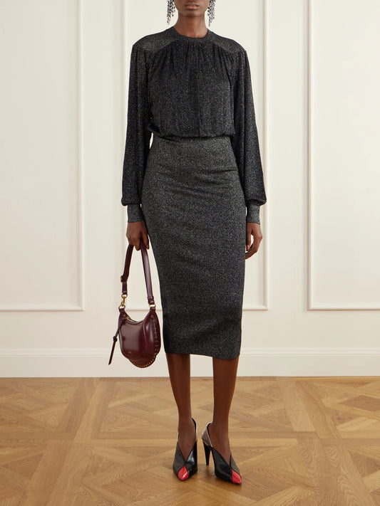 Image of Dresses. Product name - Aliza Gathered Metallic Knitted Midi Dress in Black colour by brand - ISABEL MARANT
