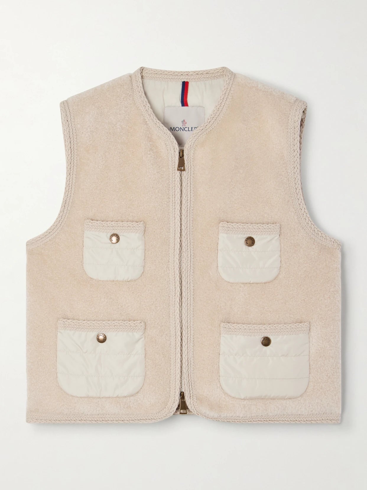 Image of Coats & Jackets. Product name - Mimosas Shell-trimmed Fleece Down Vest in Beige colour by brand - Moncler