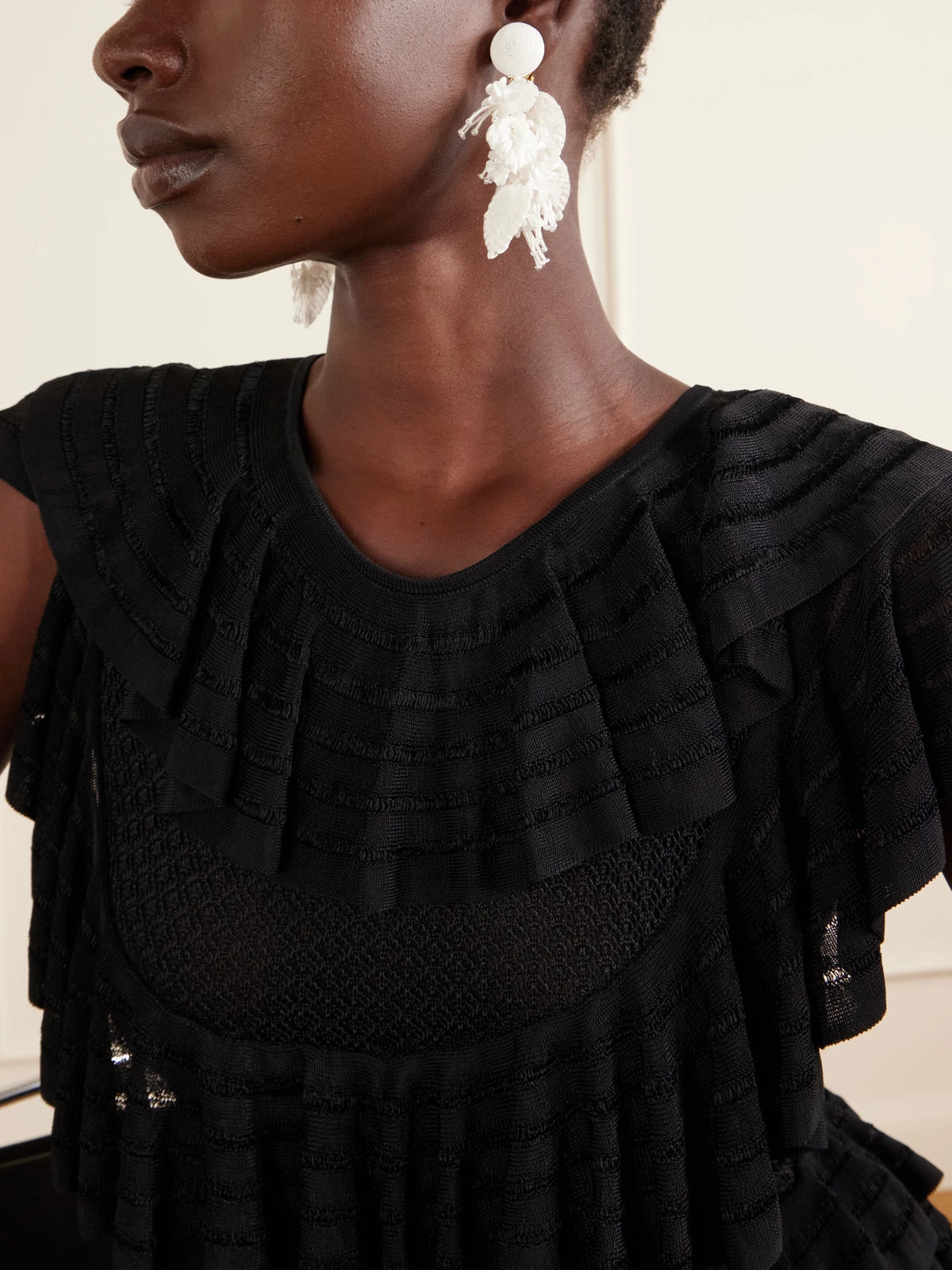 Image of Earrings. Product name - Bouquet Bead-embellished Raffia-like Clip Earrings in White colour by brand - Oscar de la Renta