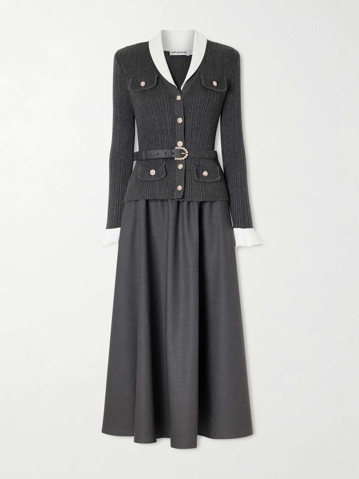 Image of Dresses. Product name - Belted Embellished Ribbed-knit And Twill Midi Dress in Gray colour by brand - Self-Portrait