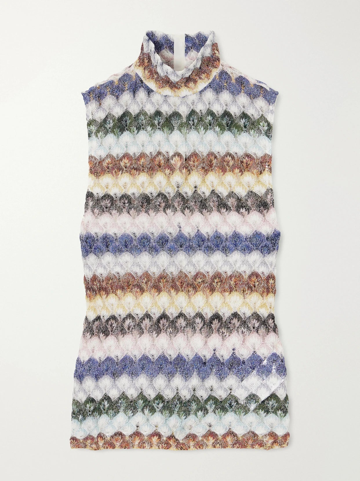 Image of a model wearing Tops. Product name - Striped Metallic Crochet-knit Tank in Orange colour by brand - Missoni