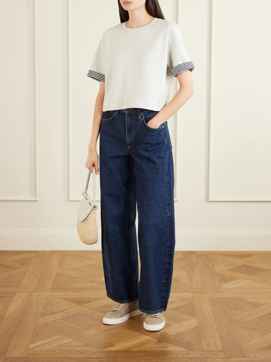 Image of a model wearing Tops. Product name - Striped Cuff Pima Cotton T-shirt in Cream colour by brand - FRAME