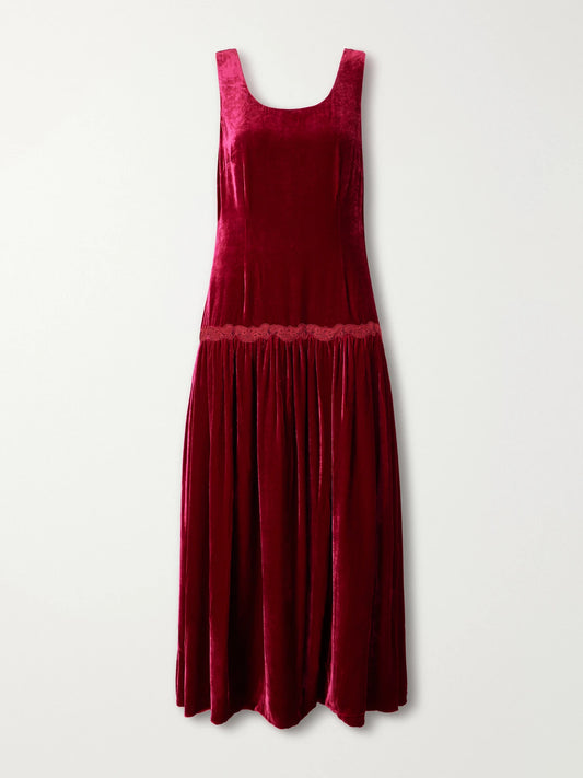Loretta Caponi Estela Open-back Lace-trimmed Velvet Maxi Dress