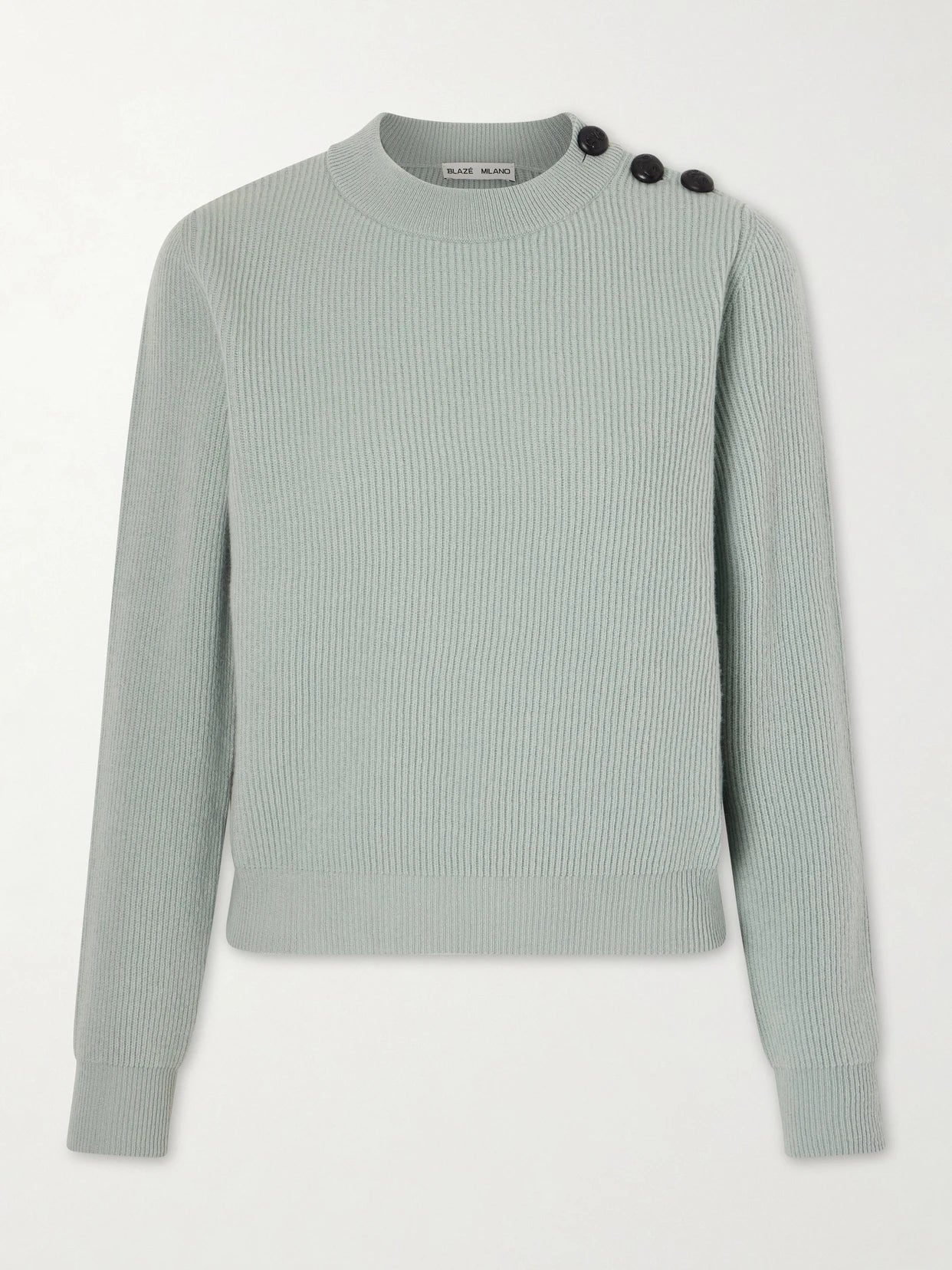 Image of a model wearing Outerwear. Product name - Racka Ribbed-knit Wool And Cashmere-blend Sweater in Mint colour by brand - BLAZÉ Milano