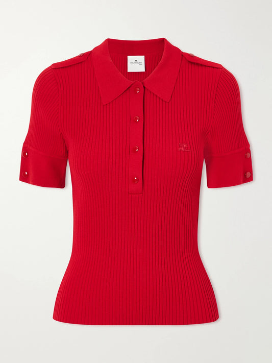 Image of a model wearing Outerwear. Product name - Logo-embroidered Ribbed-knit Polo T-shirt in medium colour by brand - COURREGES