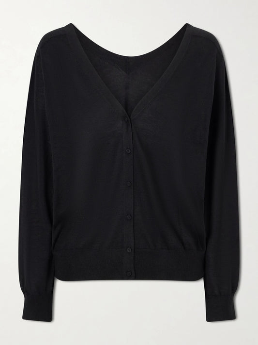 Image of a model wearing Outerwear. Product name - Marisol Cashmere Cardigan in Black colour by brand - Arch4