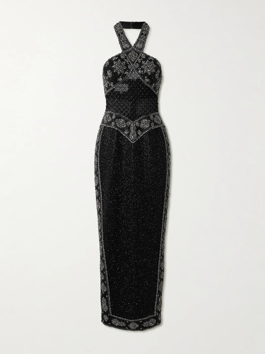 Image of Dresses. Product name - Cyndi Cutout Embellished Mesh Halterneck Gown in Black colour by brand - Clio Peppiatt