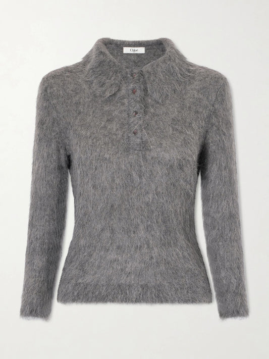 Image of a model wearing Outerwear. Product name - Alpaca-blend Polo Sweater in Gray colour by brand - Chloé