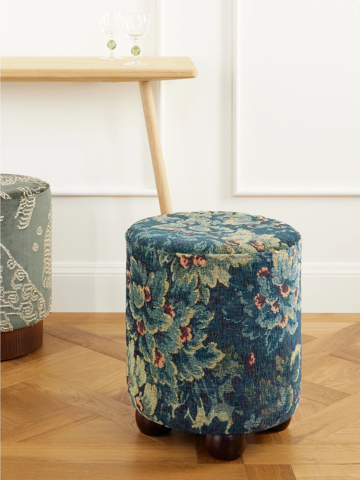 Image of Decor. Product name - Nobilis Cluny Velvet-jacquard And Wood Pouf in Blue colour by brand - SIX THE RESIDENCE