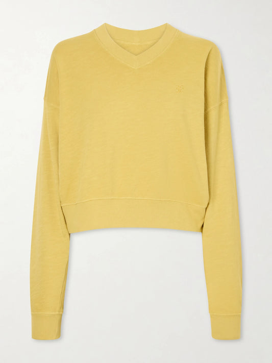 Image of Sleepwear & Loungewear. Product name - Cropped Cotton-jersey Sweater in Yellow colour by brand - ÉTERNE