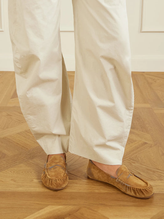 Image of Flats. Product name - Distressed Suede Loafers in Tan colour by brand - Acne Studios