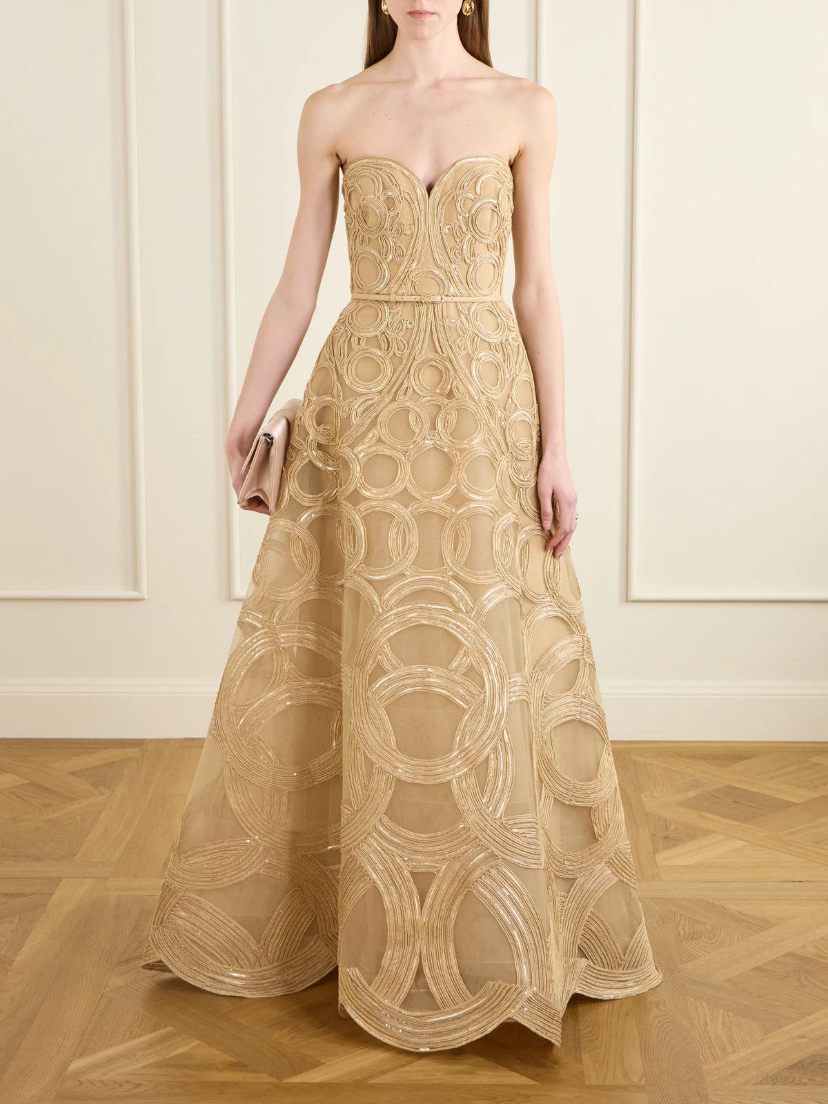 Image of Dresses. Product name - Strapless Sequin-embellished Raffia-trimmed Tulle Midi Dress in Beige colour by brand - Elie Saab