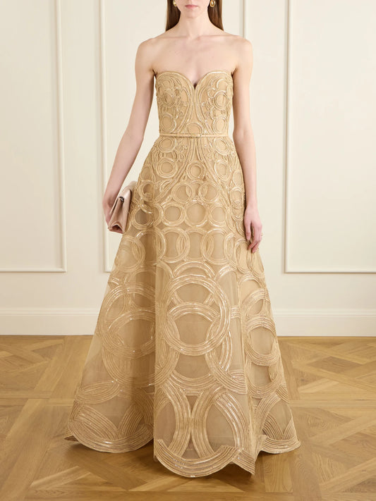 Image of Dresses. Product name - Strapless Sequin-embellished Raffia-trimmed Tulle Midi Dress in Beige colour by brand - Elie Saab