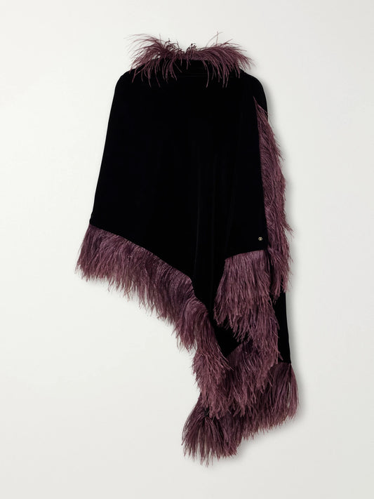 Valentino Garavani Vlogo-embellished Feather-trimmed Velvet Wrap