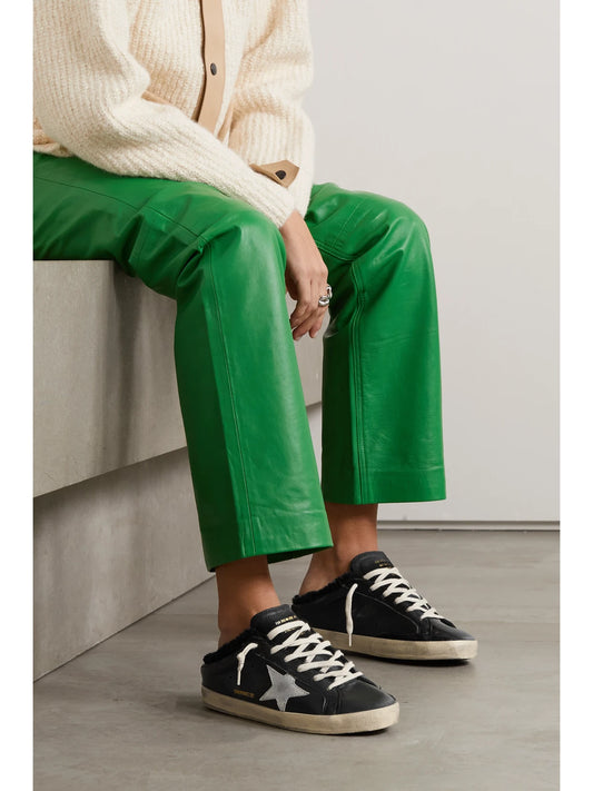 Super-star Sabot Distressed Shearling-lined Leather Slip-on Sneakers