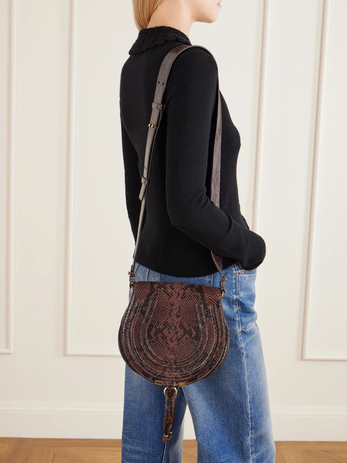 Image of Bags. Product name - Marcie Snake-effect Leather Shoulder Bag in Brown colour by brand - Chloé