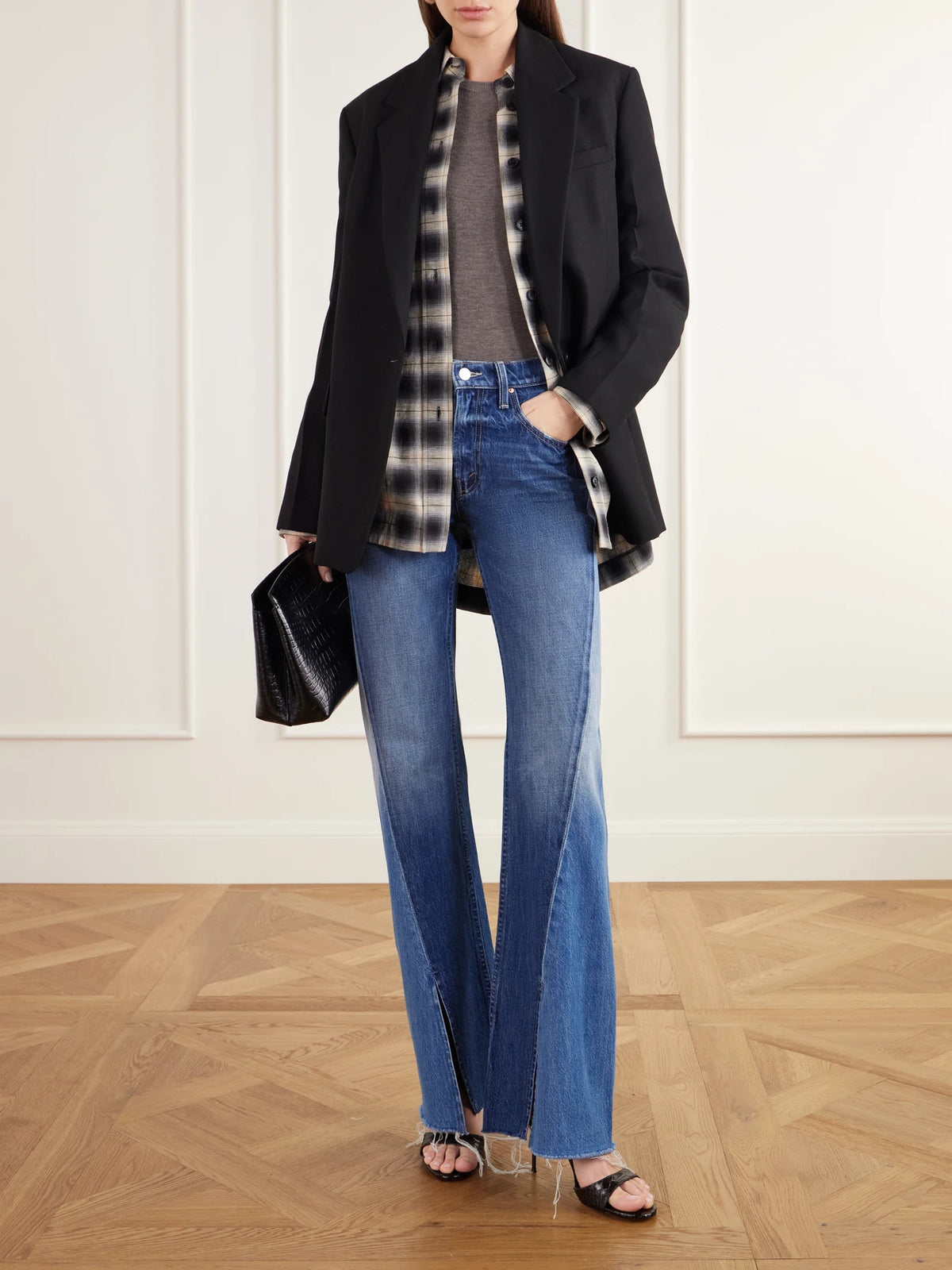 Image of Jeans. Product name - Bookie Slit Twist Heel Mid-rise Bootcut Jeans in Mid denim colour by brand - Mother