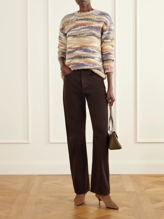 Image of a model wearing Outerwear. Product name - Castile Striped Wool-blend Sweater in Multi colour by brand - Veronica Beard
